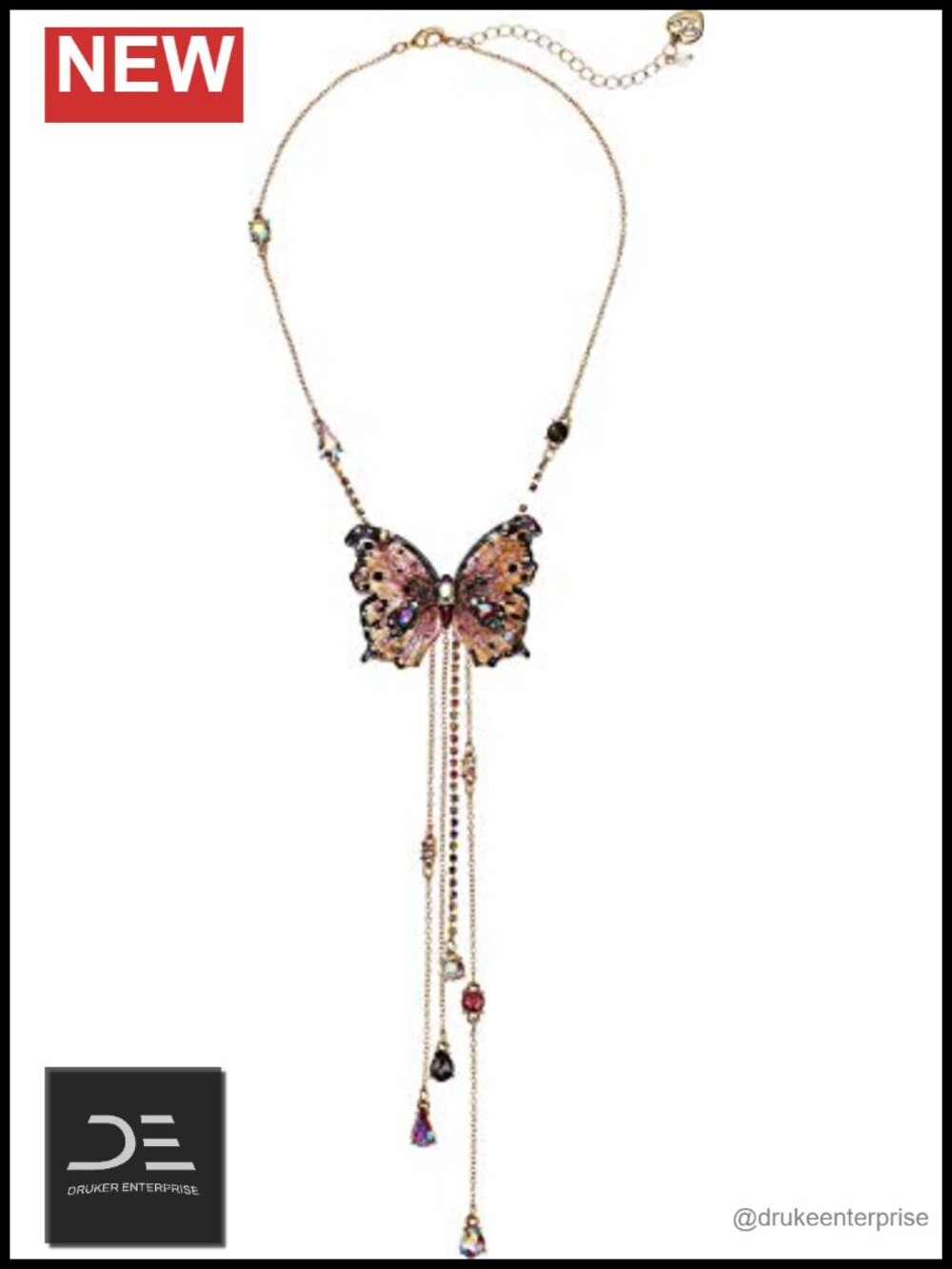 Gold Tone Butterfly Y-Shaped Pendant Necklace with Crystal Accents